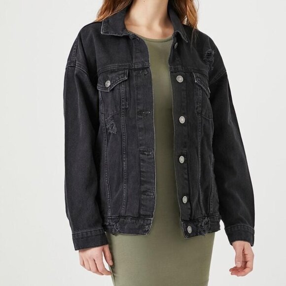 Women's Pull&Bear Black Distressed Jean Jacket Size Large Trucker Boyfriend - Picture 1 of 13